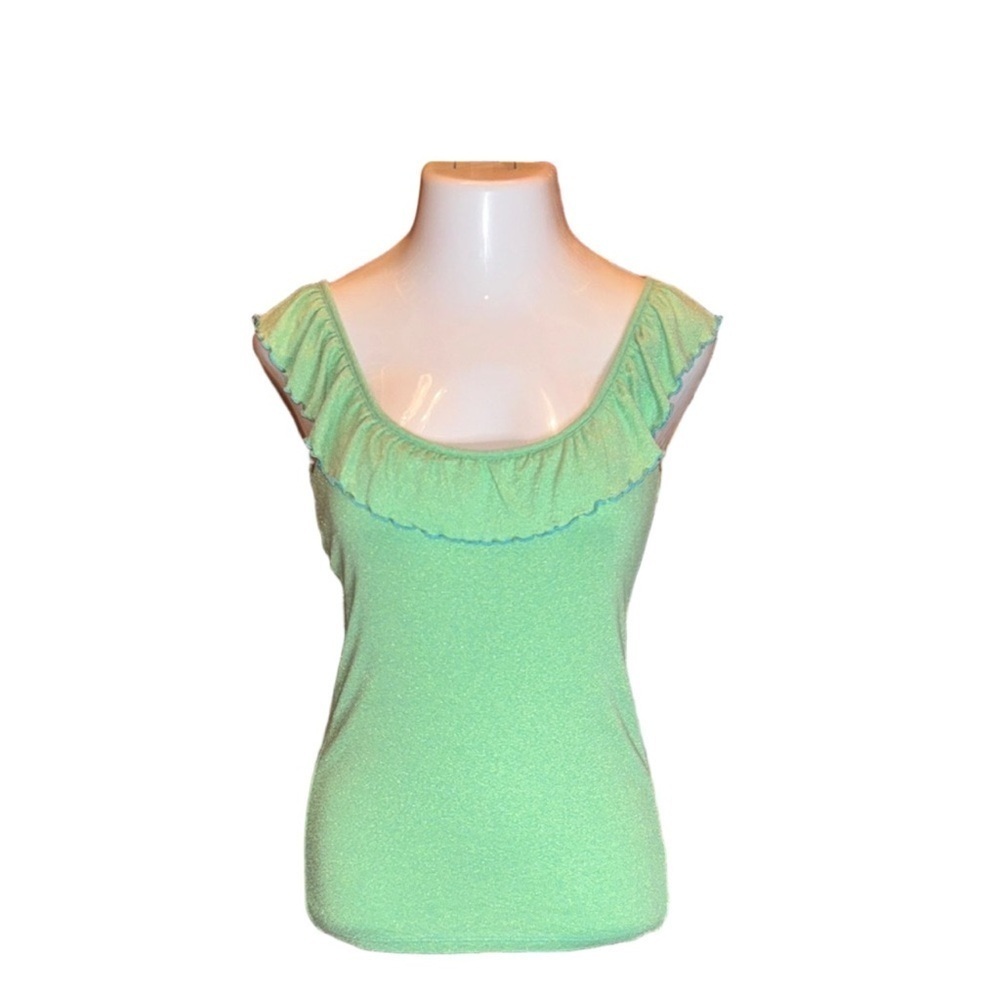 MICHAEL STARS Lime Green w/ Metallic Gold Thread & Blue Trim Ruffle Tank Top - Picture 3 of 10